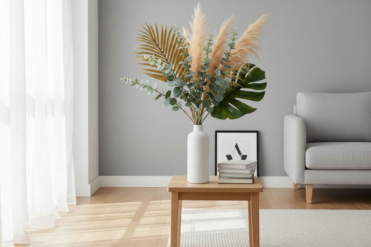 Artificial Monstera with Mixed Stems in Scandinavian Living Room