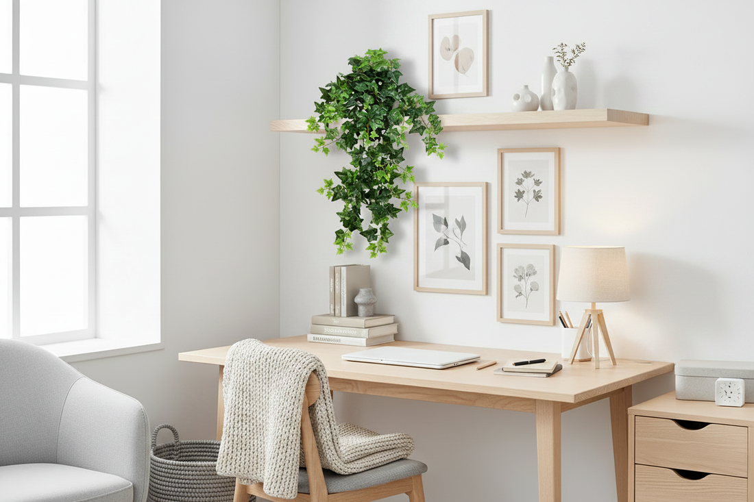Artificial Hanging Ivy in Styled Scandinavian Home Office