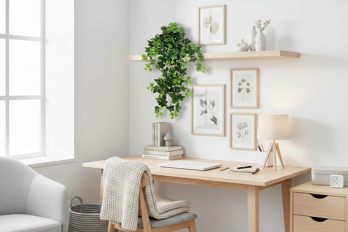 Artificial Hanging Ivy in Styled Scandinavian Home Office