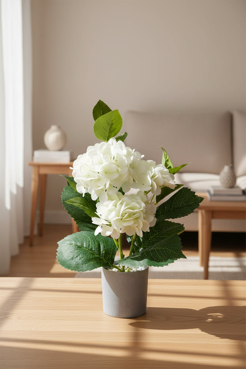Artificial White Hydrangea in Grey Pot - 45cm